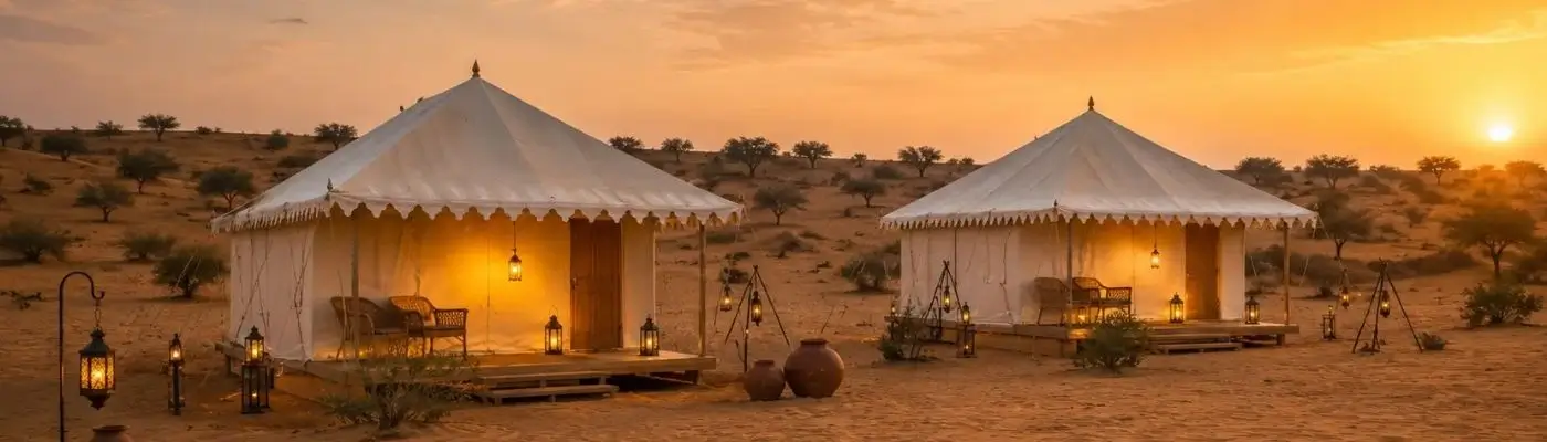 Peaceful desert camp across Khuri Sand Dunes near Jaisalmer
