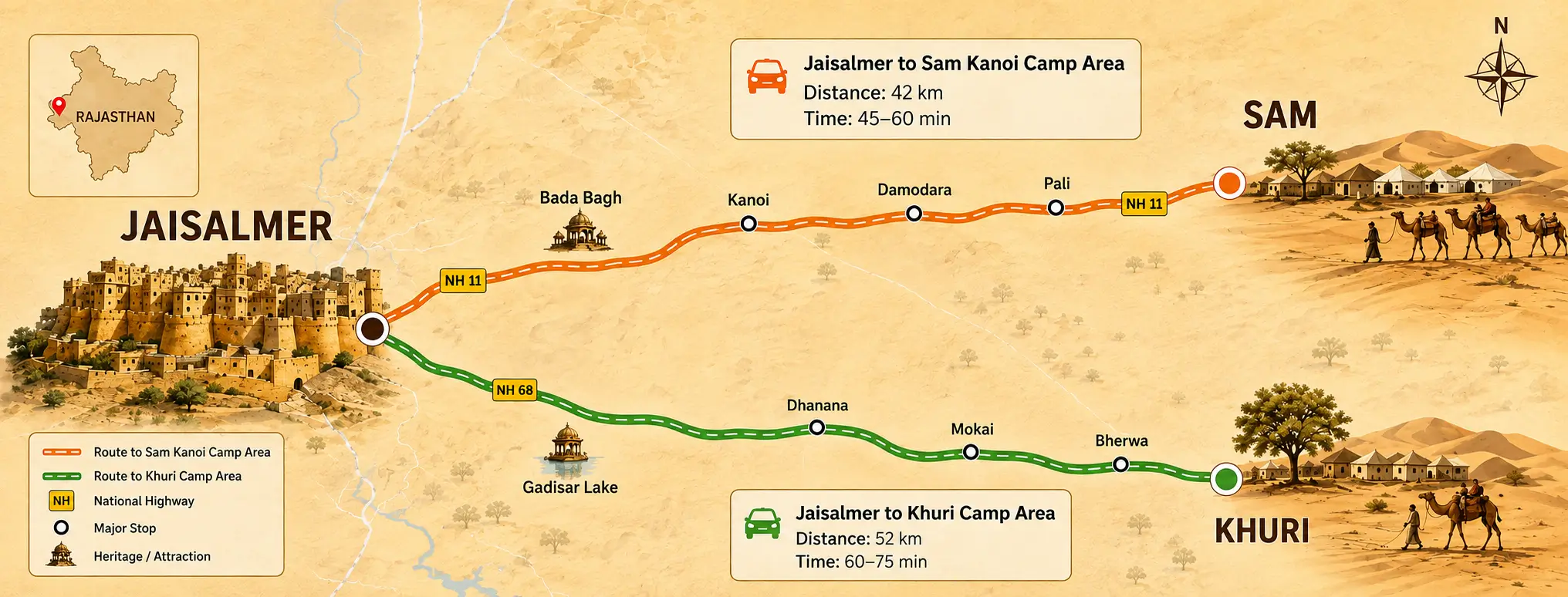 Map showing desert camp routes from Jaisalmer to Sam and Khuri