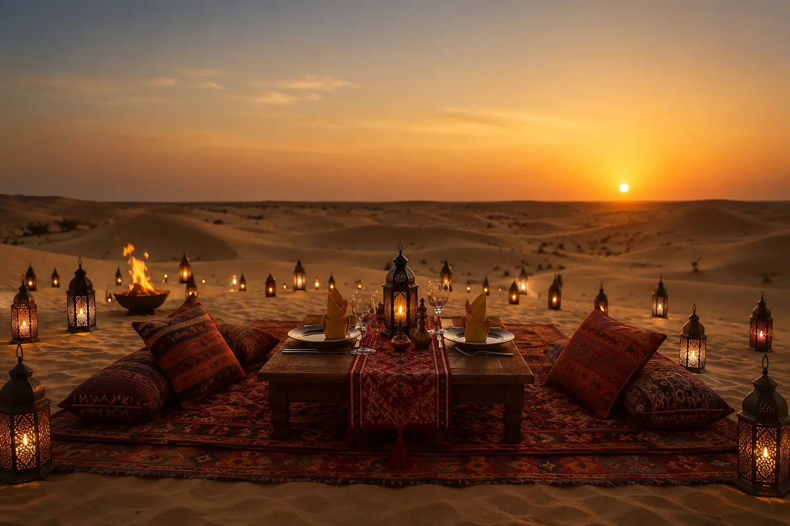Private dinner setup on the dunes of Jaisalmer at sunset