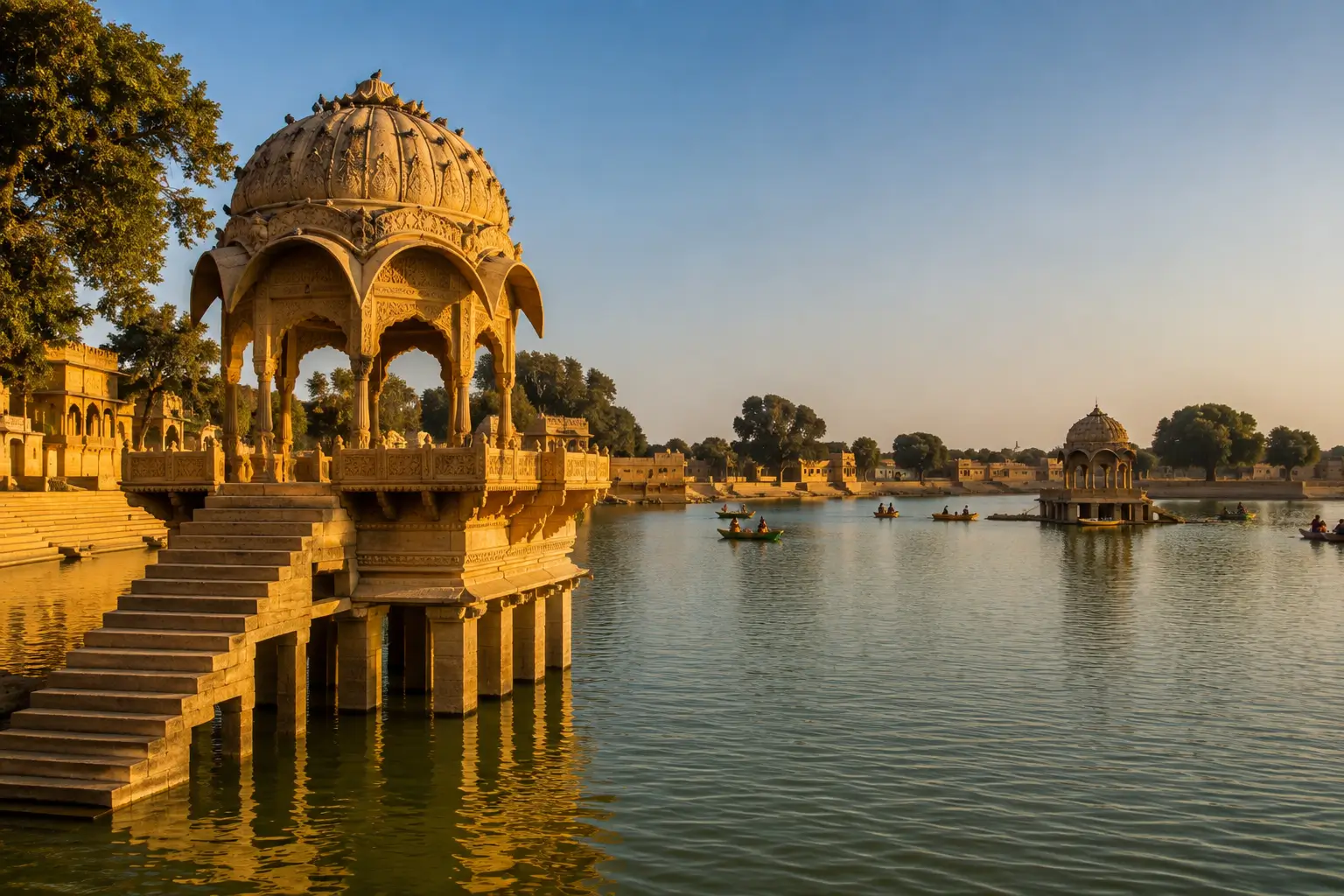 Gadisar Lake Jaisalmer with sandstone chhatris