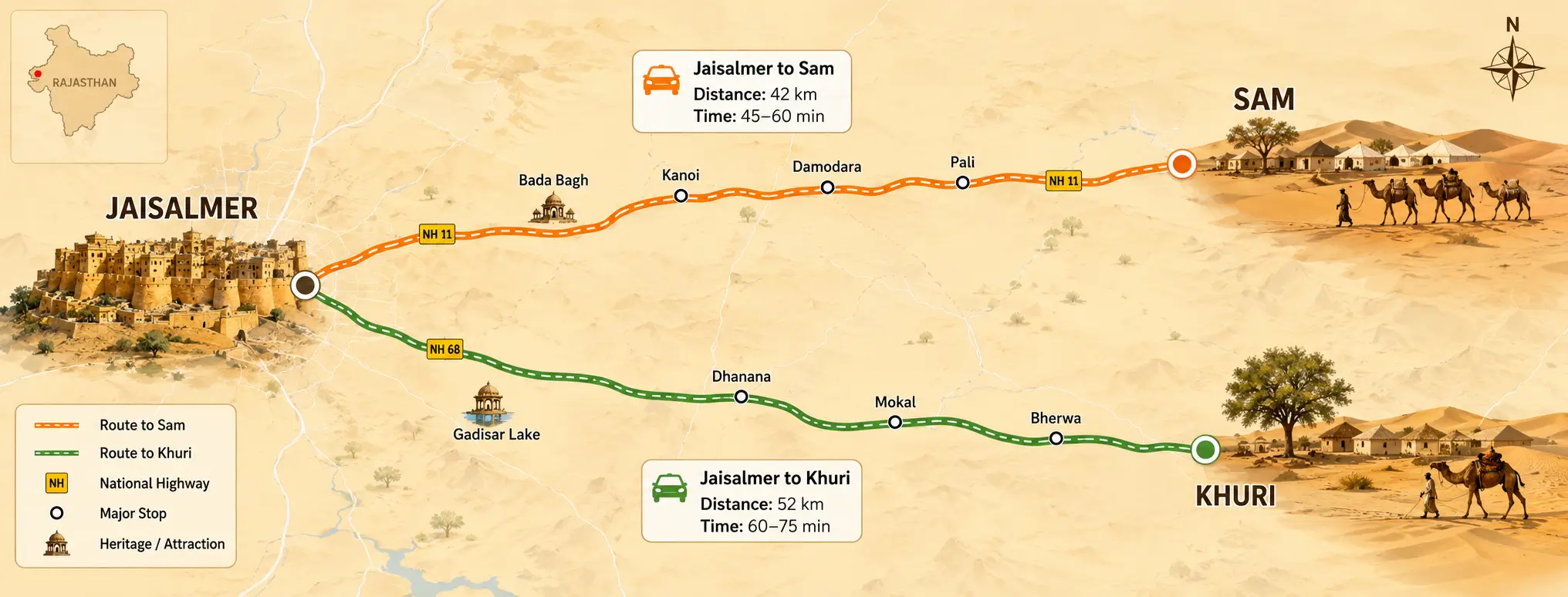 Map showing camel safari routes from Jaisalmer to Sam and Khuri