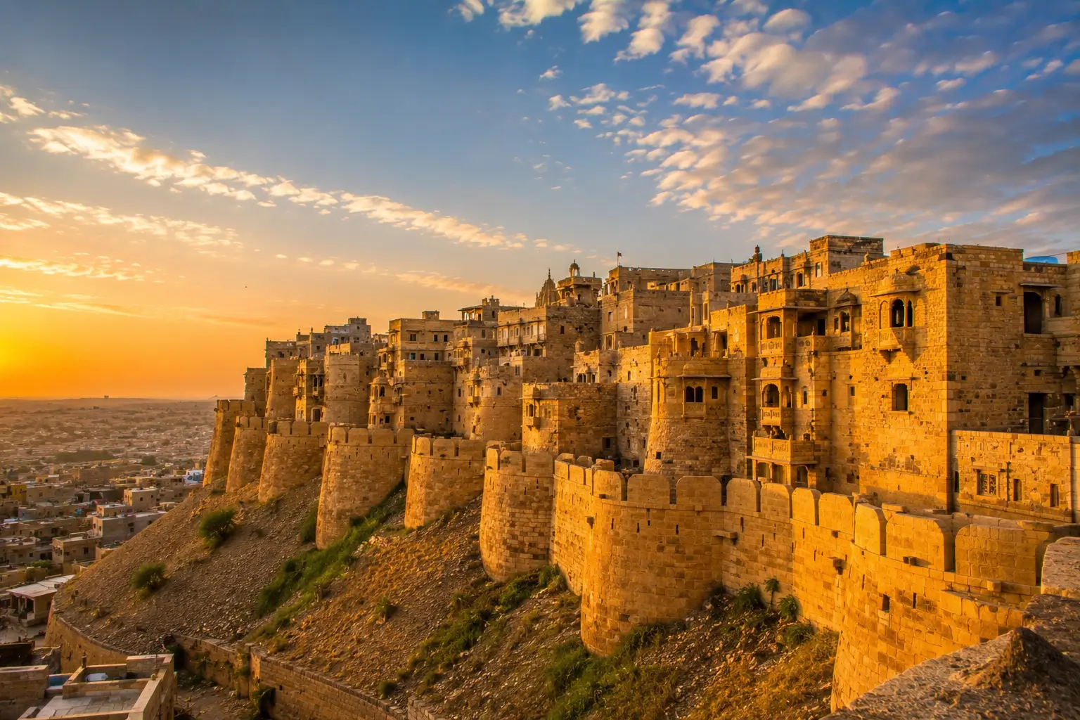 Jaisalmer Fort glowing in golden sunlight above Jaisalmer city