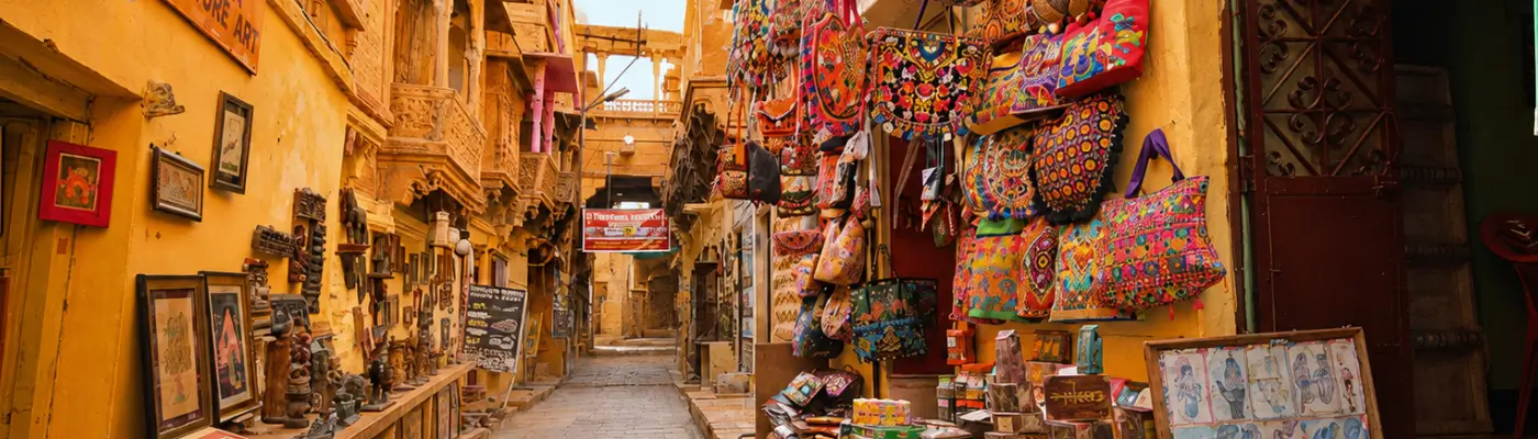 Colourful handicraft stalls in a Jaisalmer bazaar