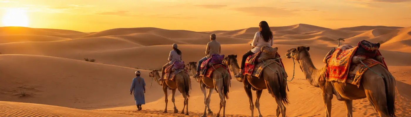 Travellers enjoying a camel safari at Sam Sand Dunes